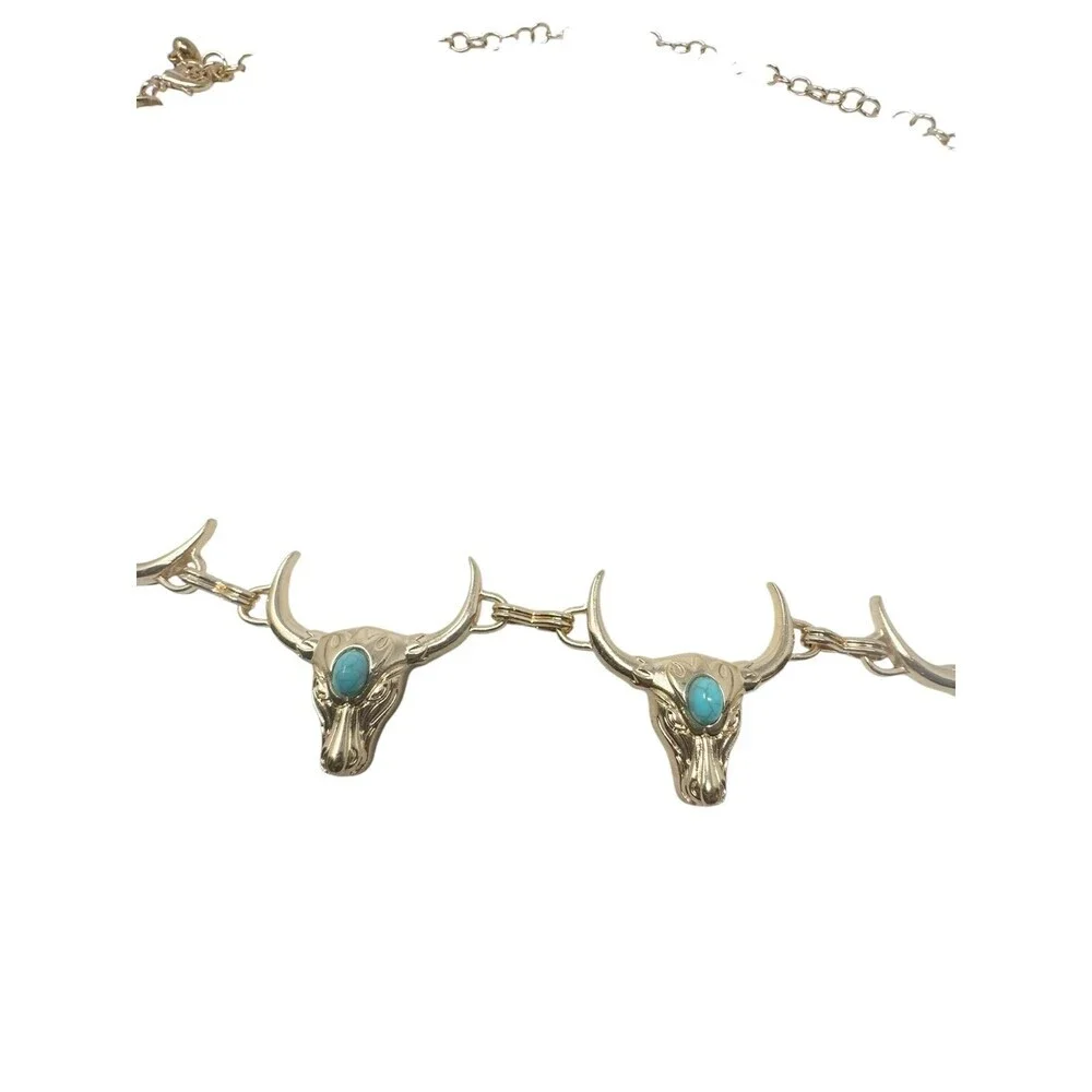 Y2K concho belt Gold Tone Longhorn Steer Faux Turquoise Cabochon womens